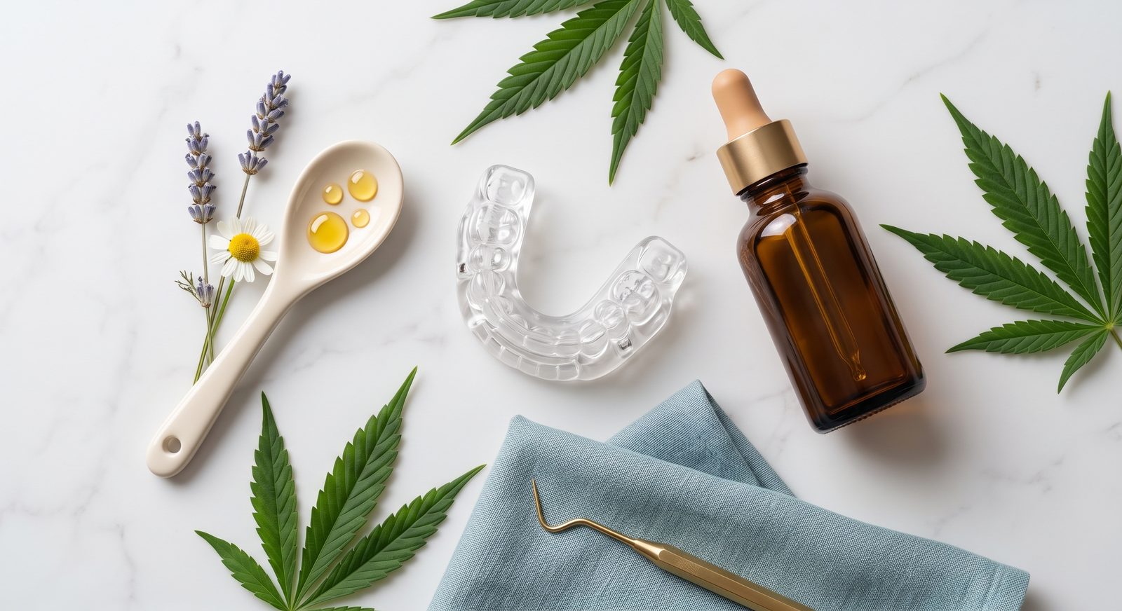 Setup de cuidado integrativo — placa oclusal, óleo terapêutico e cannabis medicinal ao lado de instrumento clínico